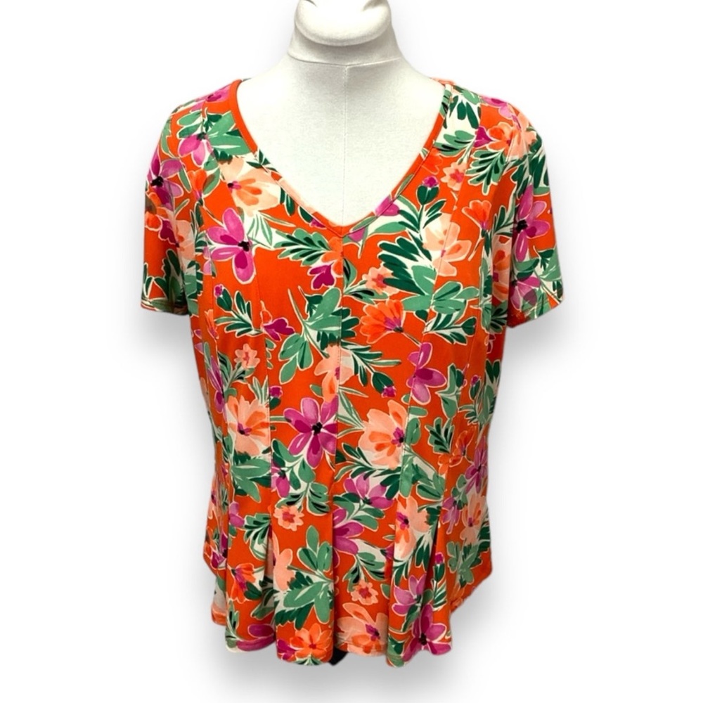 Juniper + Lime Women’s Petite Short Sleeve V Neck Blouse Orange Floral PXL